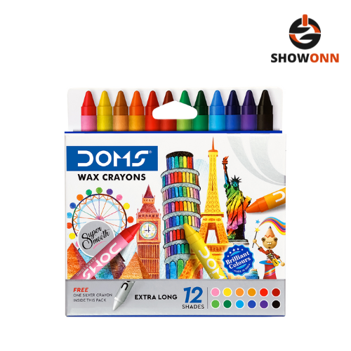 DOMS LONG WAX CRAYONS 12 SHADES NEW